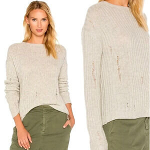 Nili Lotan XS Distressed 100% CASHMERE Baxter Sweater Pullover Scoop Neck Gray